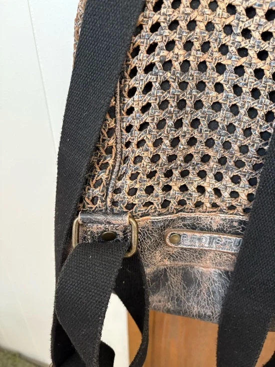 Bed Stu Distressed Brown and Tan Leather Woven Backpack - Picture 4 of 7